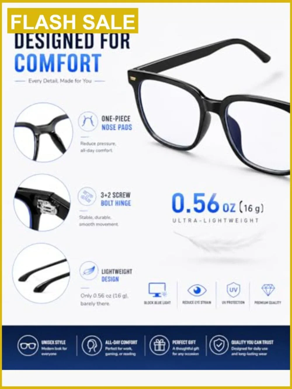 Oversized Square Blue Light Blocking Computer Glasses Anti Glare